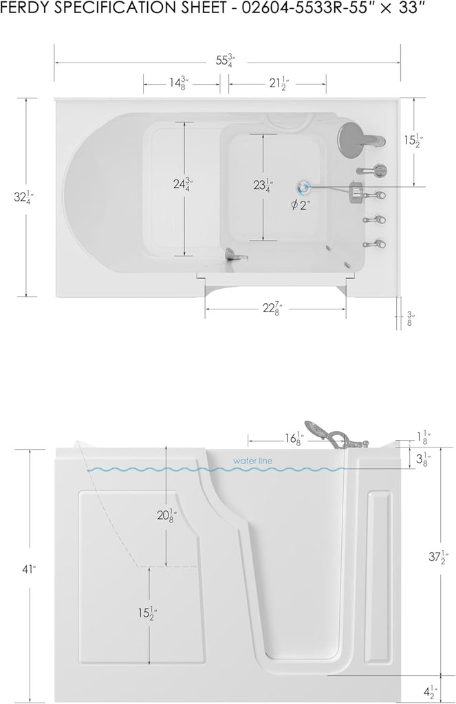 Floridian 55" x 33" Walk-in Bathtub with Right-Side Door Opening and Quick Fill and Drain System, Rectangular Soaking