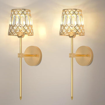 Gold Battery Operated Wall Sconces Set of 2, Crystal Rechargeable Wireless Wall Sconce Light Fixtures for Home Decor