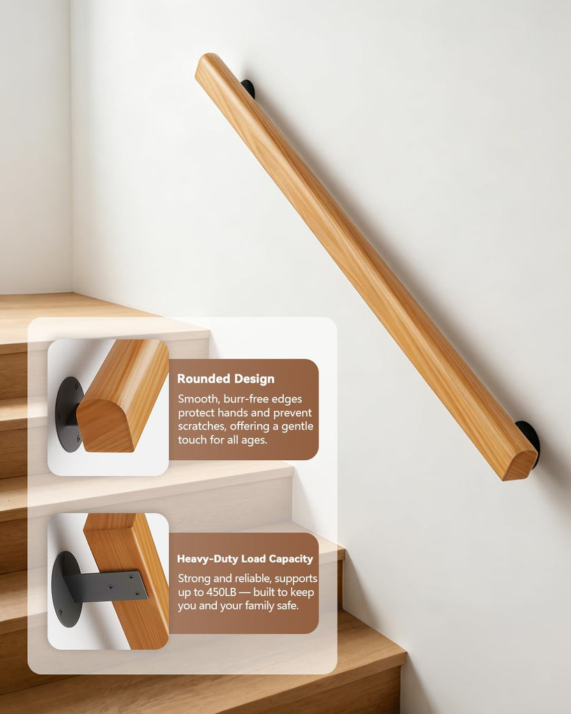 13FT Wooden Stair Railings, Wall-Mount Hand Rails for Indoor Outdoor Stairs