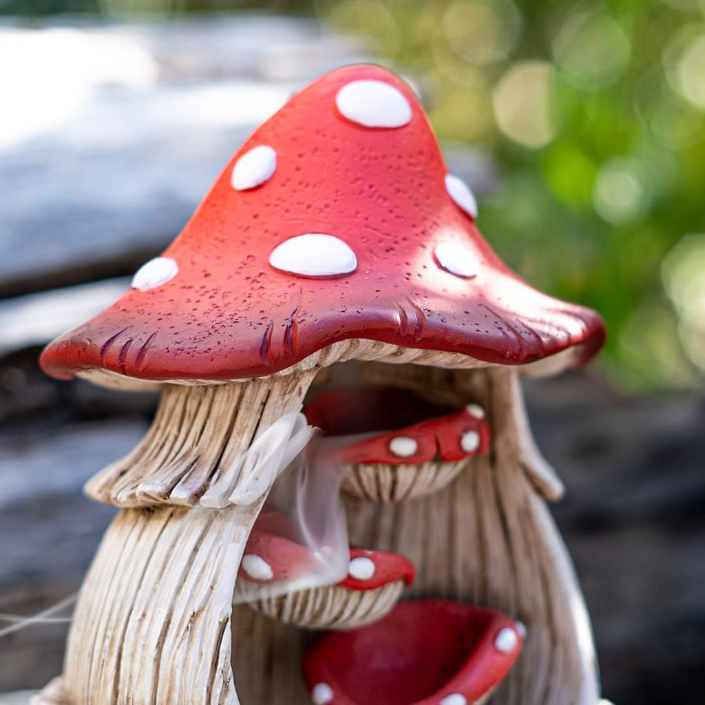 Enchanted Garden Mushroom Backflow Incense Cone Burner Red and White Spotted Toadstool Statue Decorative Figurine