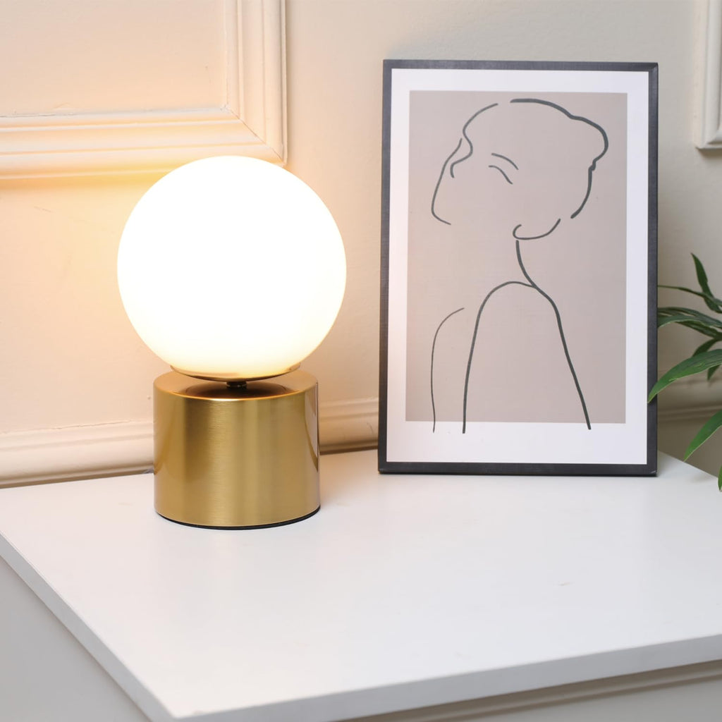 9.3 Ins Modern Gold Globe Table Lamp, Round Bedside Nightstand Lamp with White Glass Shade Metal Base Desk Lamp