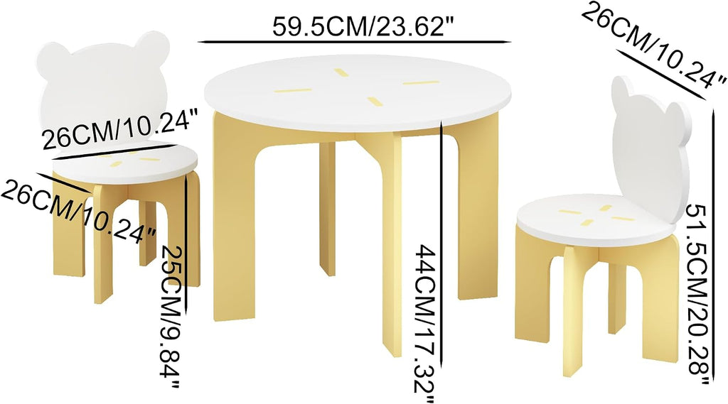 Piece Kids Table and Chair Set, Modern Wooden Toddler Table and 2 Cute Bear-Back Chairs, Round Activity Table Set