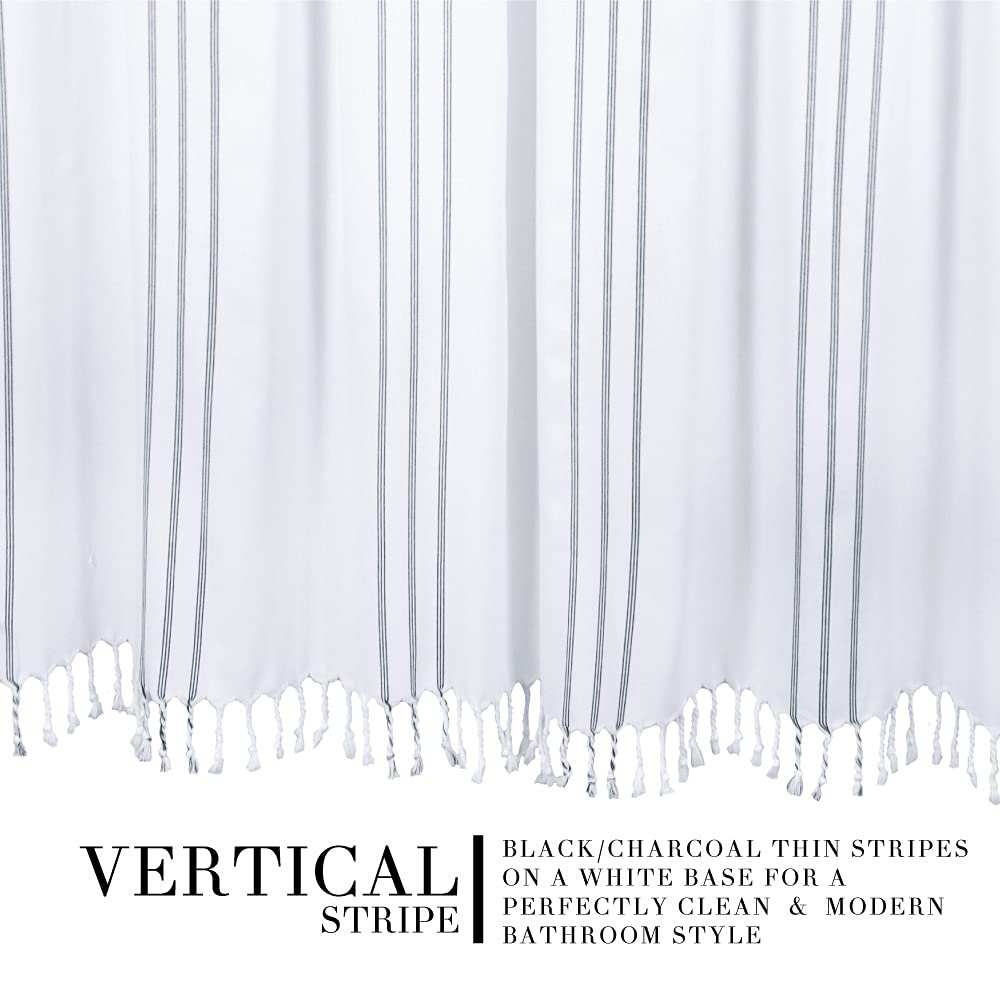 Modern Transitional White Stripe with Tassels - Vertical Black Lines Striped 100% Cotton, 72" x 72"