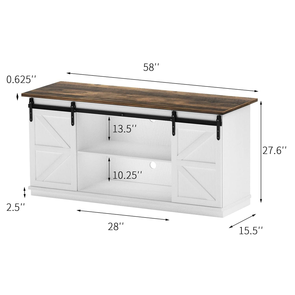 58" Farmhouse TV Stand for TVs up to 65", Sliding Barn Doors, White
