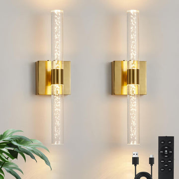 Battery Operated Wall Sconce Set of Two, Rechargeable Modern Crystal Bathroom Sconces, 3000K-6000K Dimmable Gold LED
