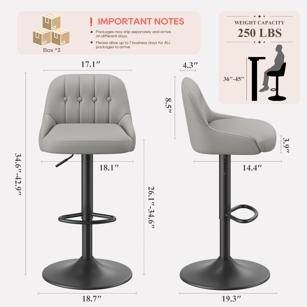 Bar Stools Set of 6, Swivel Bar Chairs, Modern Adjustable PU Leather Upholstered Barstools Counter Height with Tufted