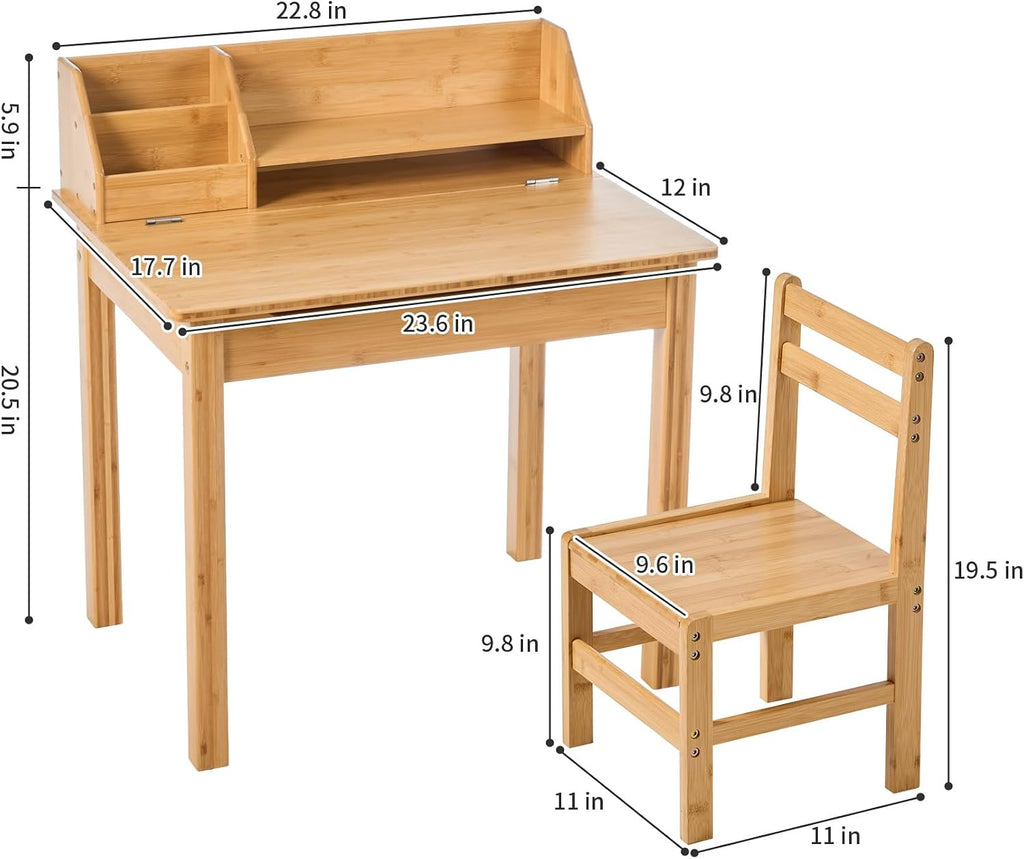 Bamboo Toddler Desk and Chair Set with Lift-Top Storage, Kids Study Table with Hutch and Bookshelf, Writing Reading