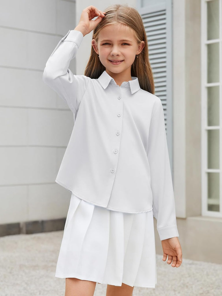 Girls Satin Silk Button Down Shirts Kids Long Sleeve Dress Shirts School Uniform Blouse