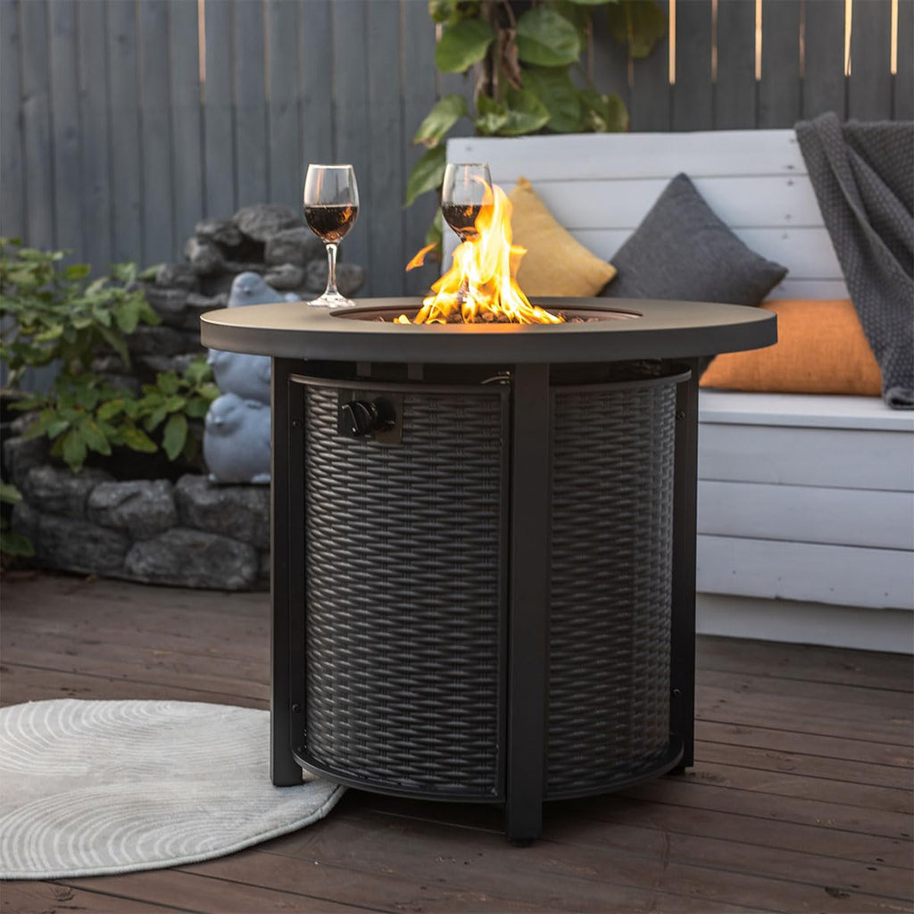 30'' Round Propane Fire Pit Table, 50, 000 BTU Steel Gas FirePit for Outdoor, Fire Table with Lid, Add Warmth &