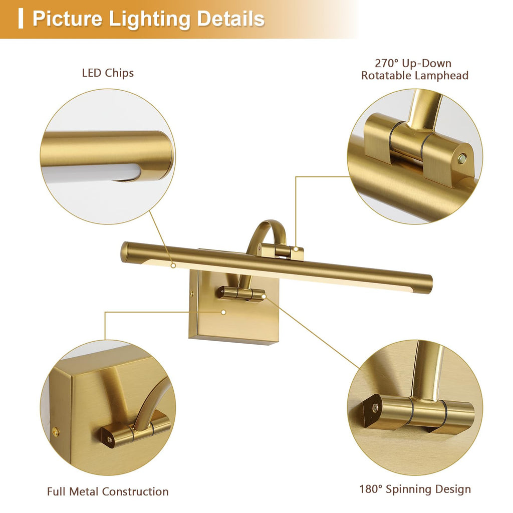 Brass Picture Lights for wall Hard-Wired LED Picture Lighting Dimmable Art Light Gallery Lighting for Wall Portraits
