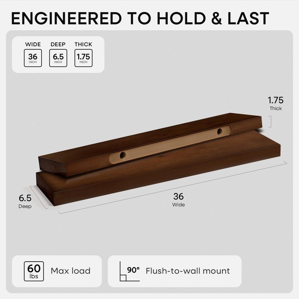 36 Inch Floating Shelves, High-End Solid Pine Wood, Set of 2