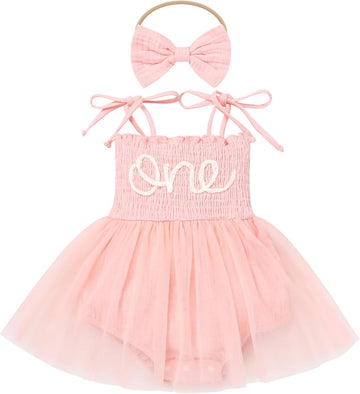 Baby 1st Birthday Girl Outfit Cotton ONE Printed Sleeveless Tutu Jumpsuit Romper Dress Headband 2pcs Summer Clothes
