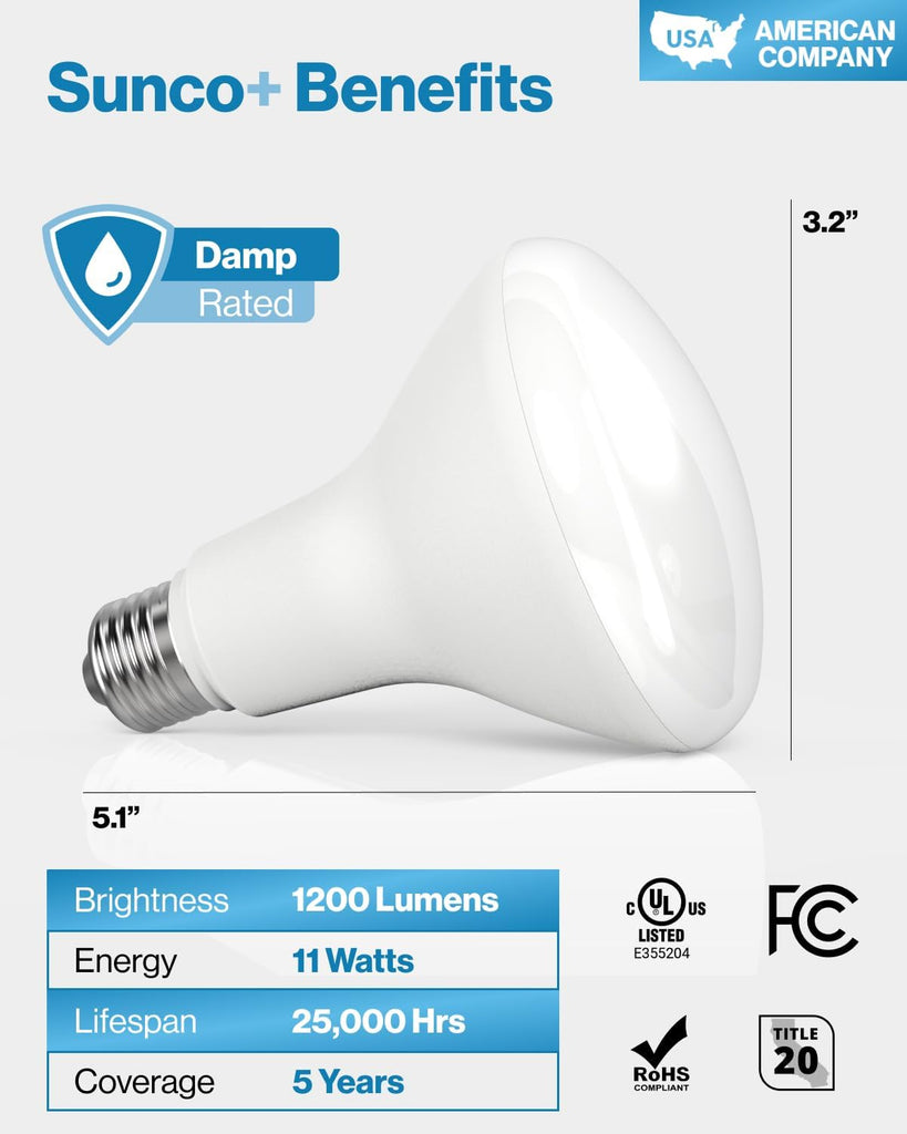 6 Pack BR30 LED Bulbs, High Output 1200 Lumens, Indoor Flood Lights, 11W Equivalent 65W, 3000K Warm, E26 Base