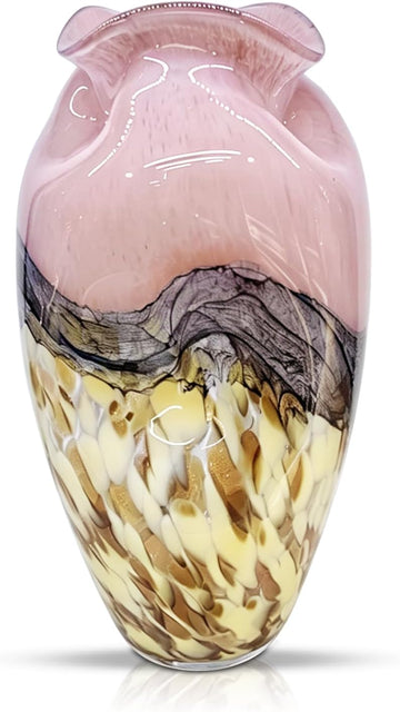 Murano Style Glass Vase, Hand Blown Decorative Art Vase with Ruffled Opening for Flowers, Shelf Tabletop Mantel