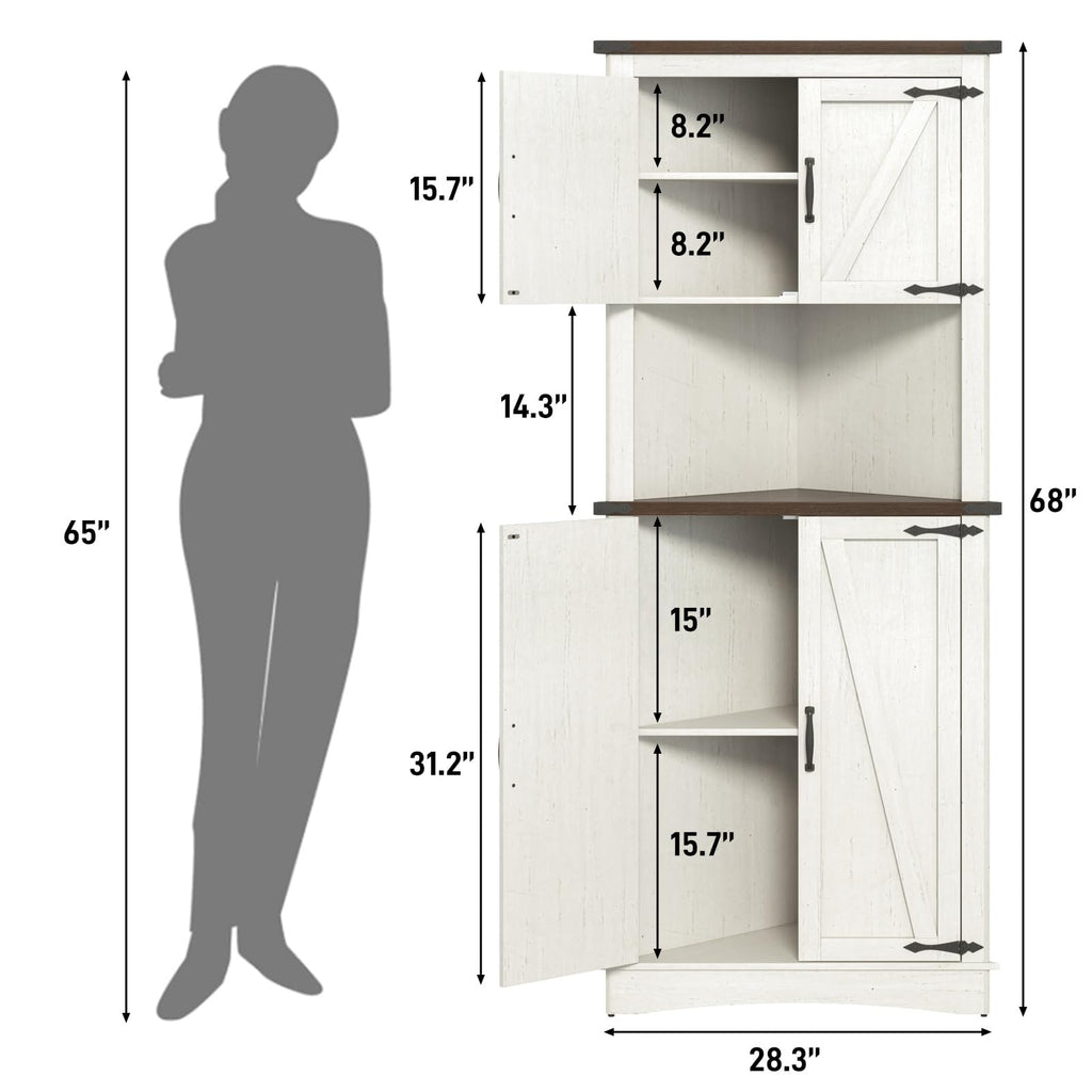 68" Tall Farmhouse Corner Cabinet, 5-Tier Large Storage Cabinet with 4 Barn Doors & Adjustable Shelves, Bathroom