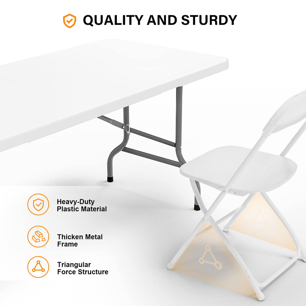 6 FT Plastic Folding Table Set with 6 White Folding Chairs for Picnic, Event, Training, Outdoor Activities, at Home