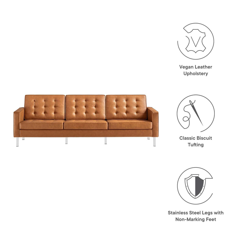 Loft Tufted Button Faux Leather Upholstered Sofa in Silver Tan