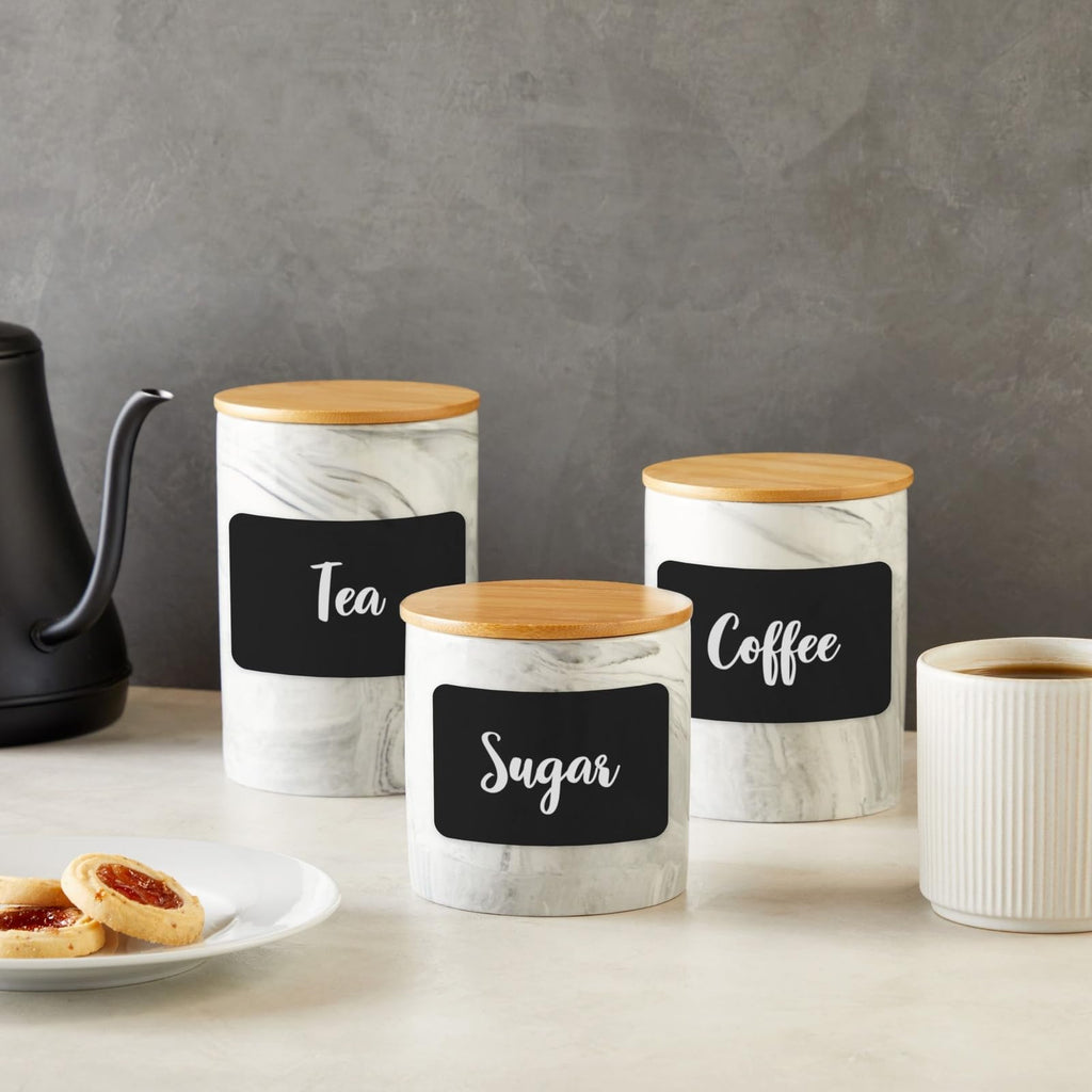 Ceramic Jar Set - Airtight Wood Lids Countertop Jars - White Marble Ceramic Food Storage Containers with Lids