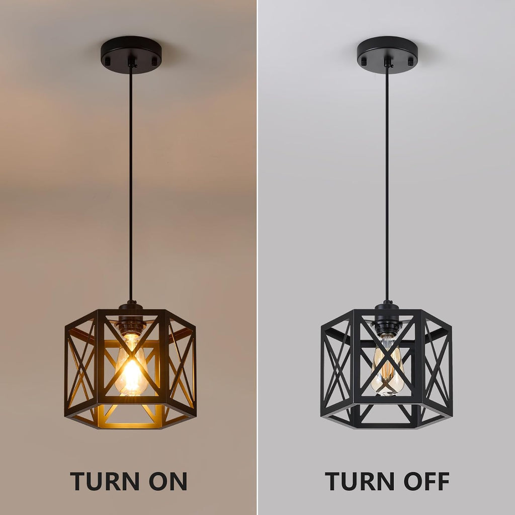 2 Pack Farmhouse Pendant Lights, Modern Black Hanging Light Fixture with Hexagonal Cage, Industrial Metal Ceiling