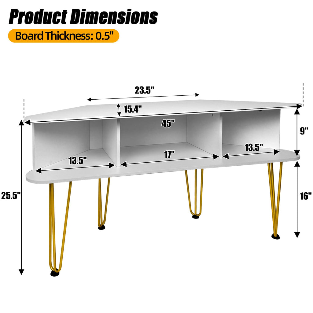 Corner TV Stand for 50 Inch TV, White and Gold Corner Entertainment Center