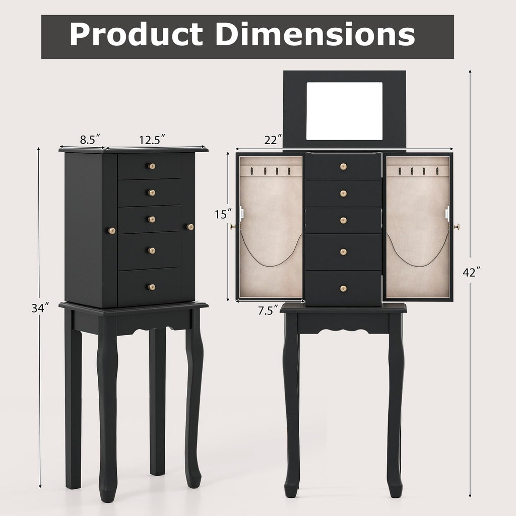 Standing Jewelry Cabinet Armoire with Top Flip Mirror, Jewelry Box Chest with 4 Drawers, Top Compartments, 8 Necklace