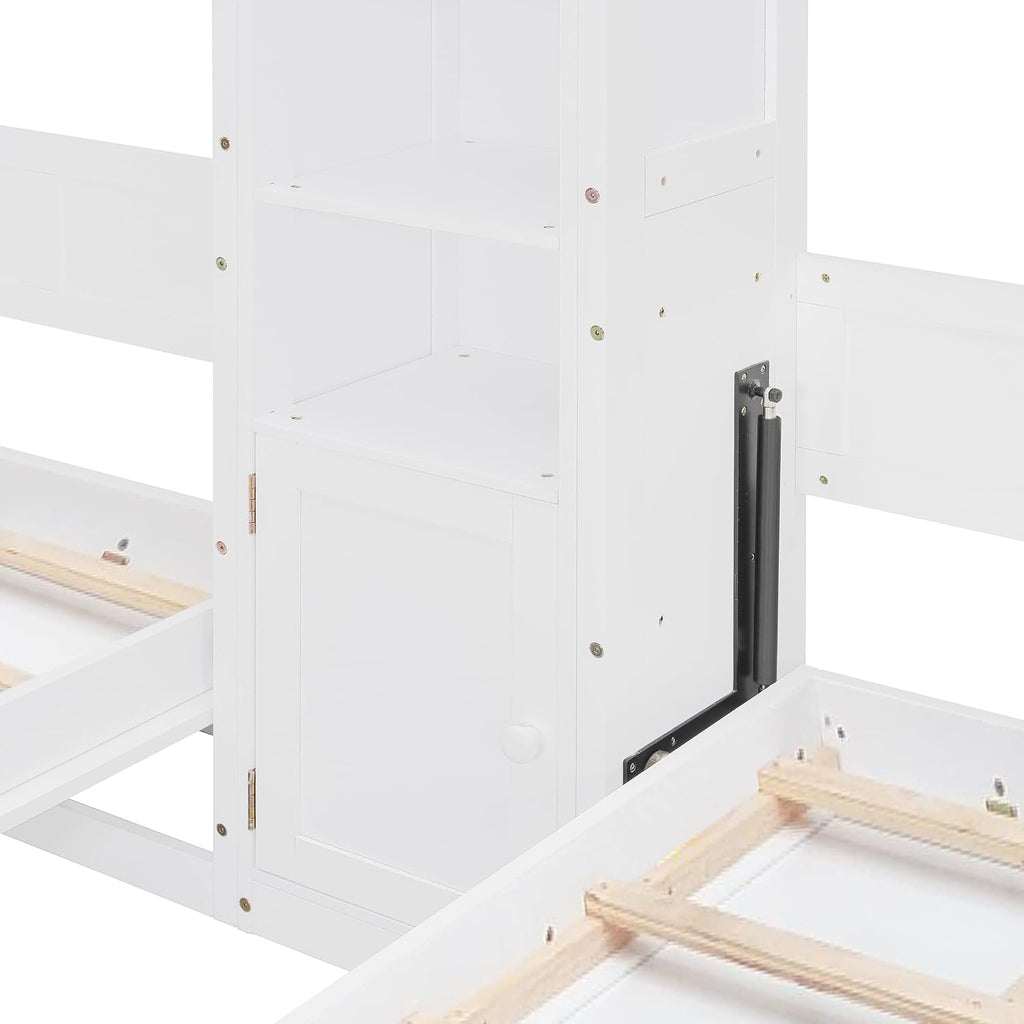 Dual Twin Murphy Bed with Cabinets and Shelves, Space Saving Wall Bed with Storage, Foldable Twin Beds with