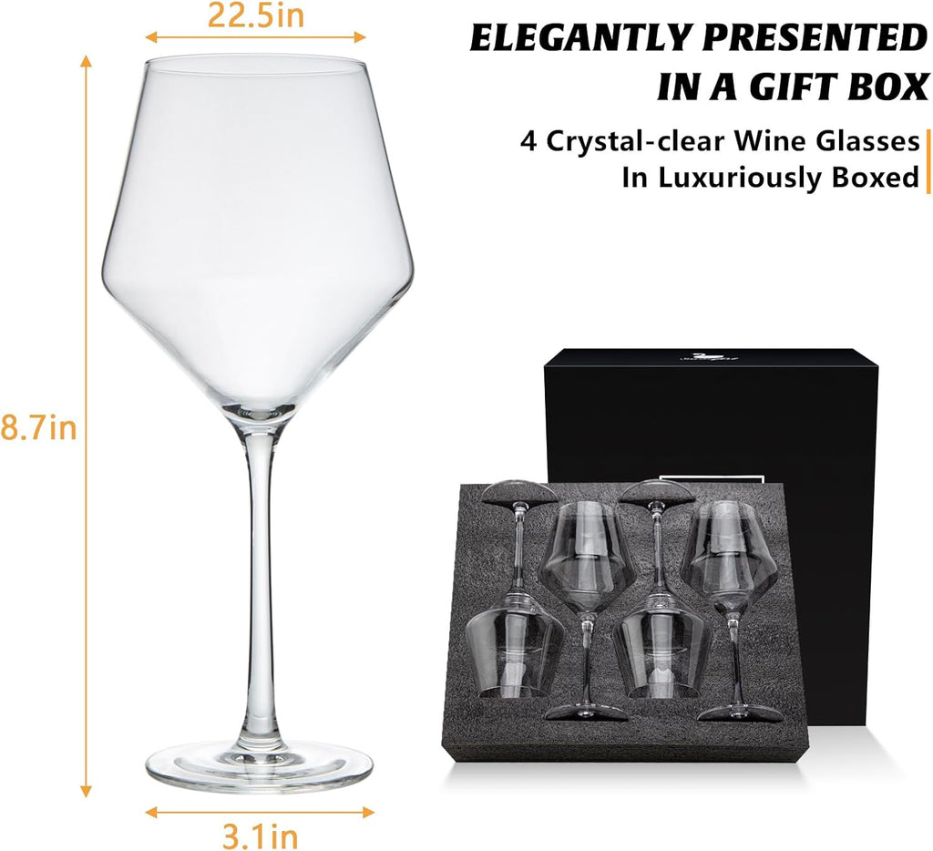 Red Wine Glasses Set of 4, Long Stem Crystal Wine Glasses, Burgundy Wine Glass with Gift Box, 16 oz Large Wine