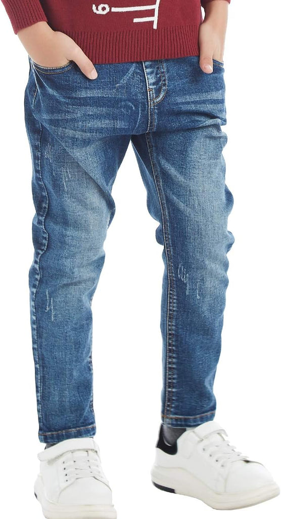 Boys' Denim Jeans, Ribbed Elastic Waist Cotton Pants for Kids