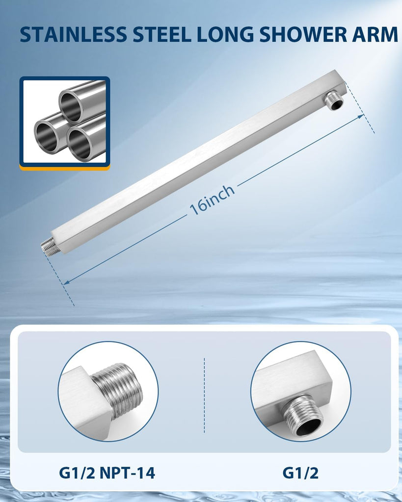 All Metal Rainfall Shower Head with Extension Arm Brushed Nickel, 12" Large Rain Square Showerhead with 16" Shower