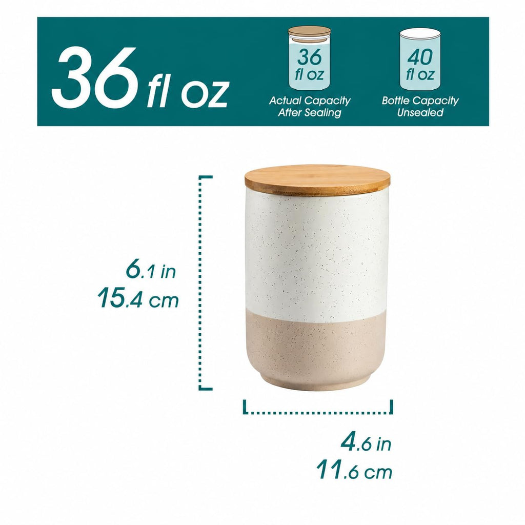 Sabine Ceramic Canister with Airtight Wood Lid - 36 oz Kitchen Storage Container for Coffee, Tea, Sugar, Nuts &