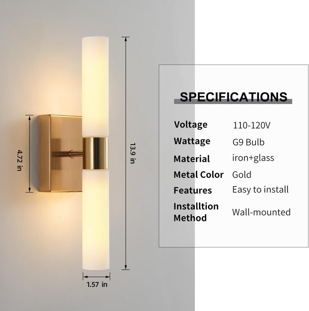 Modern Wall Sconces, Set of 2 Brushed Brass Gold, Frosted Glass Shade, Indoor Wall Mounted Lights, Bathroom Sconces
