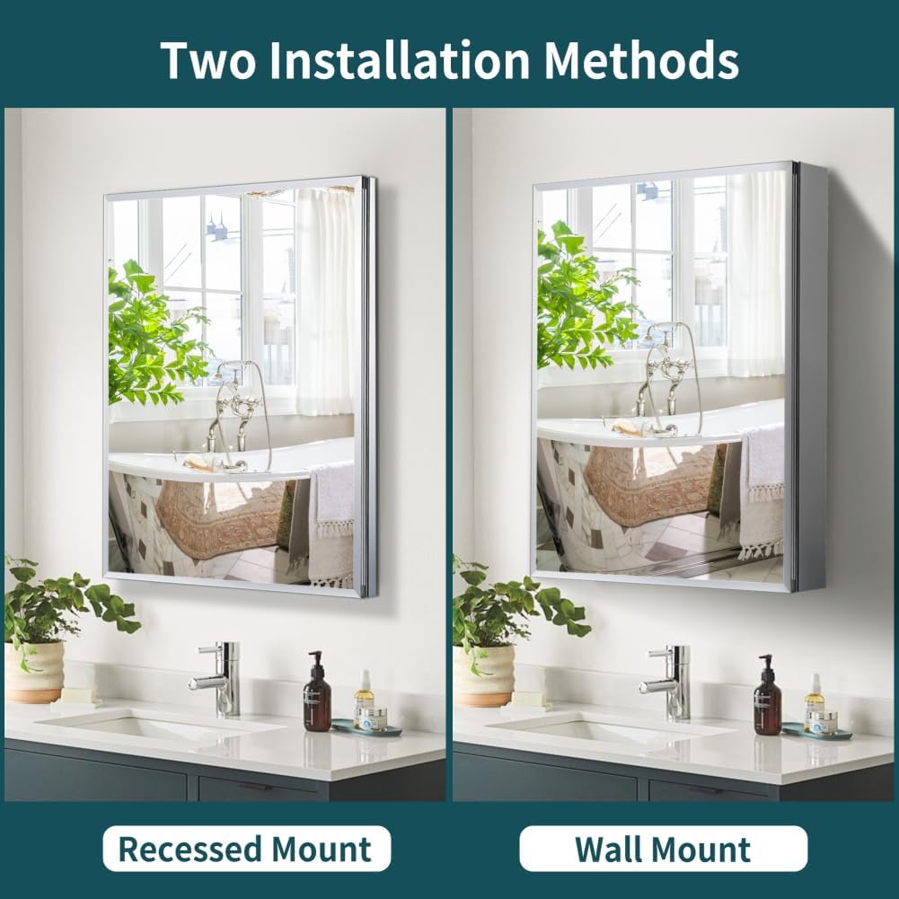 Medicine Cabinet with Mirror, 24 Inch x 30 Inch Aluminum Mirror Cabinet with Single Door, Bathroom Medicine Cabinet