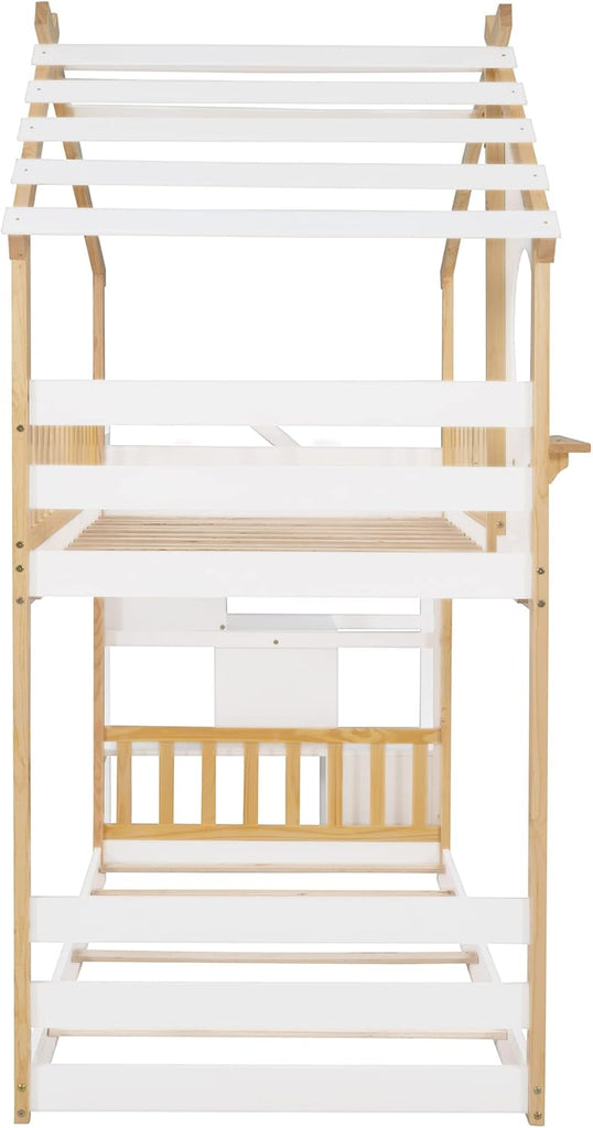 Wood Twin House Bunk Bed with Stairs, Kids Twin Bed Frame with Window and Roof