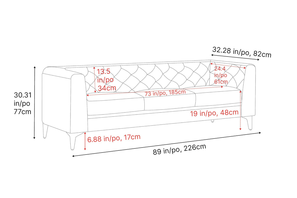 Avery Leather Couch 89" | Top Grain Nappa 11000 Leather 3 Seater with Tufted Back, Solid Wood Frame, Plush