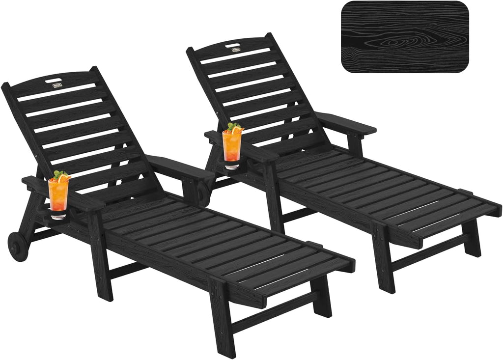 Patio Chaise Lounge Chair Set of 2, Oversize Lounge Chairs with Wood Texture& Rolling Wheels, HDPE 6-Position Plastic