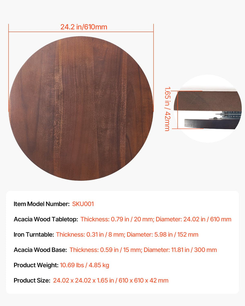 24 in Wood Lazy Susan Turntable, 360° Rotation Round Clear Tabletop Rotating Tray, Acacia Wood Dining Table