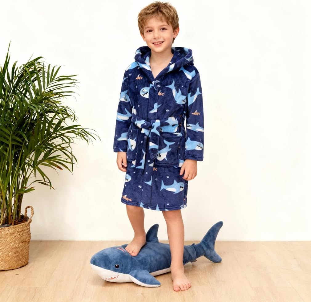 Boys Fleece Robe Kids Hooded Bathrobe Plush Soft Fuzzy Bathrobe for Children