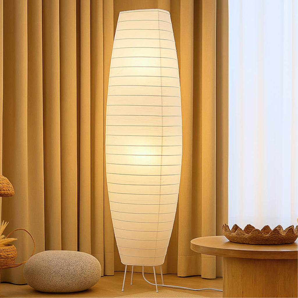 59" Rice Paper Floor Lamp with 12" Wide Shade, Modern Japanese Lantern Standing Lamp with Chrome Base and Foot Switch