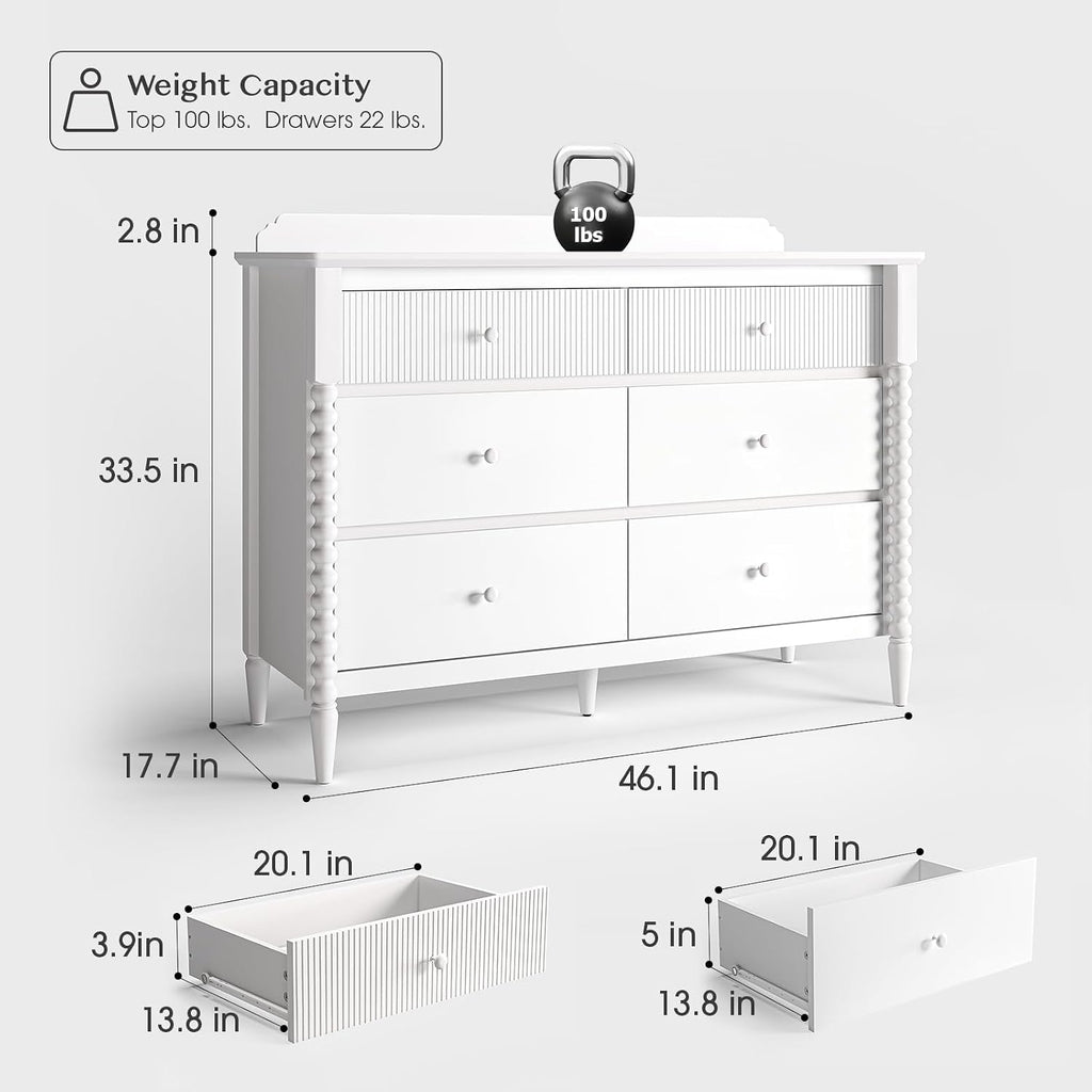 White Nursery Dresser for Kids Bedroom, 6 Drawers for Storage | Jenny Lind Spindle Legs Dresser, Baby Clothes