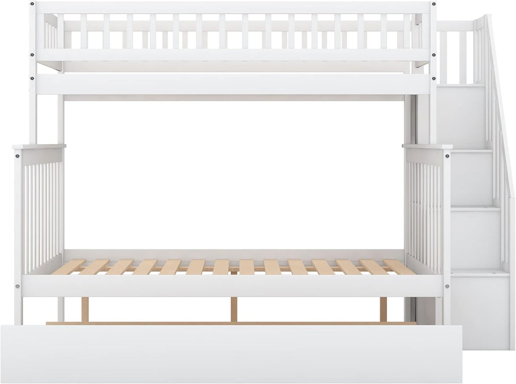 Wood Twin Over Full Bunk Bed with Trundle and Stairs