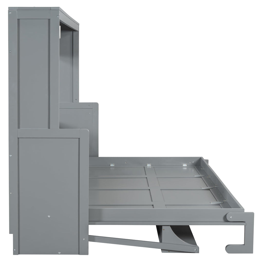 Queen Size Murphy Bed, Wood Murphy Wall Bed with Hydraulic Lift & Desk Design, Gray
