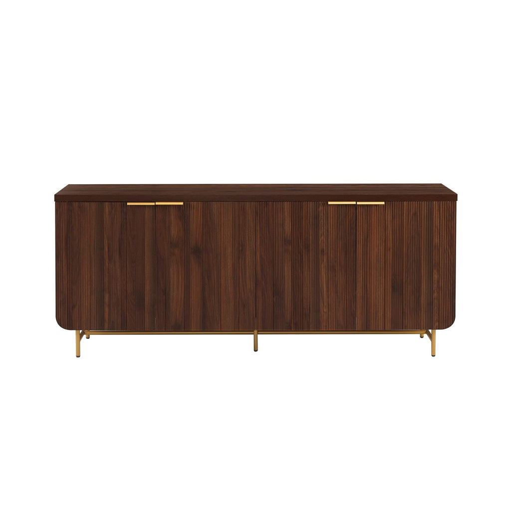 Reema Fluted 4-Door Kitchen Sideboard Buffet Console, 69 Inch, Gold, Dark Walnut