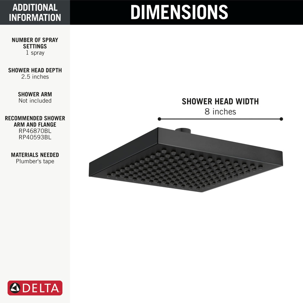 Matte Black Rain Shower Head, 8 Inch Square Shower Head Rainfall, Overhead Rain Showerhead, 2.5 GPM Flow Rate, Matte