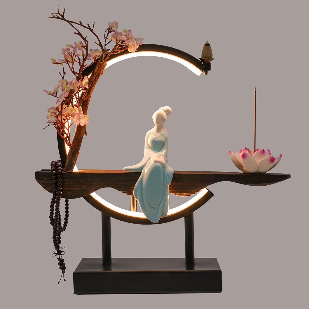 Backflow Incense Burner, Chinese Style Peach Blossom Incense Holder with LED Light, Ceramic Incense Cone Burner Home