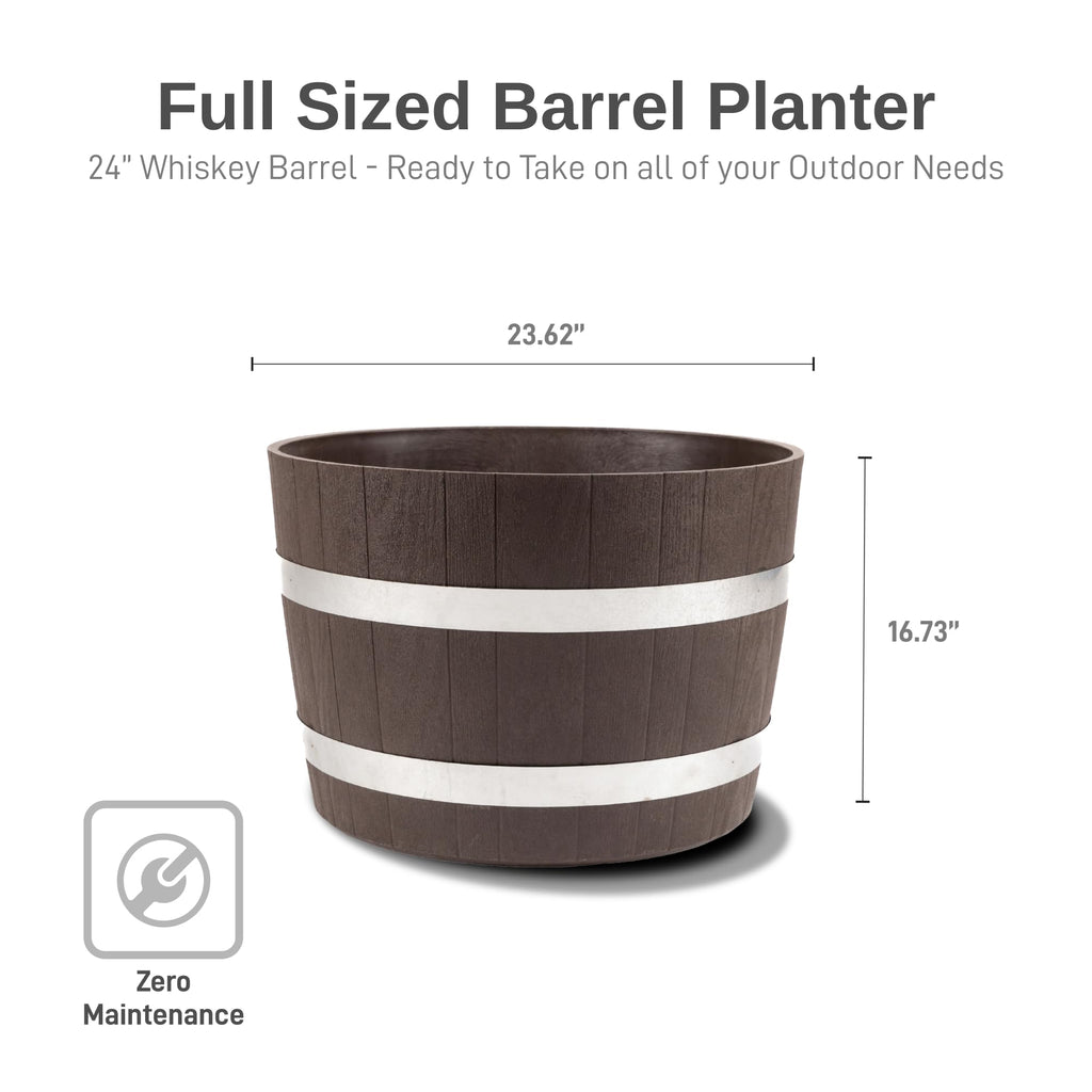 Better Barrel 24-Inch Outdoor Planter, Walnut - Rustic Whiskey Barrel Style Heavy-Duty Resin Pot with Rusting Steel