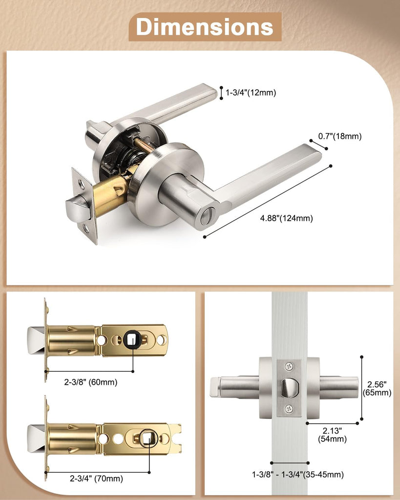 Satin Nickel Privacy Door Levers, Flat Interior Bath/Bed Door Handles, Reversible for Right & Left Handed