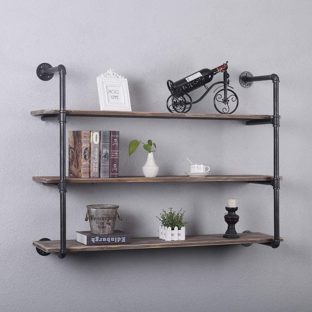 Industrial Pipe Shelving Metal Floating Shelves, Rustic Kitchen Wall Shelf Wood Hanging Shelf, 48in Steampunk Large