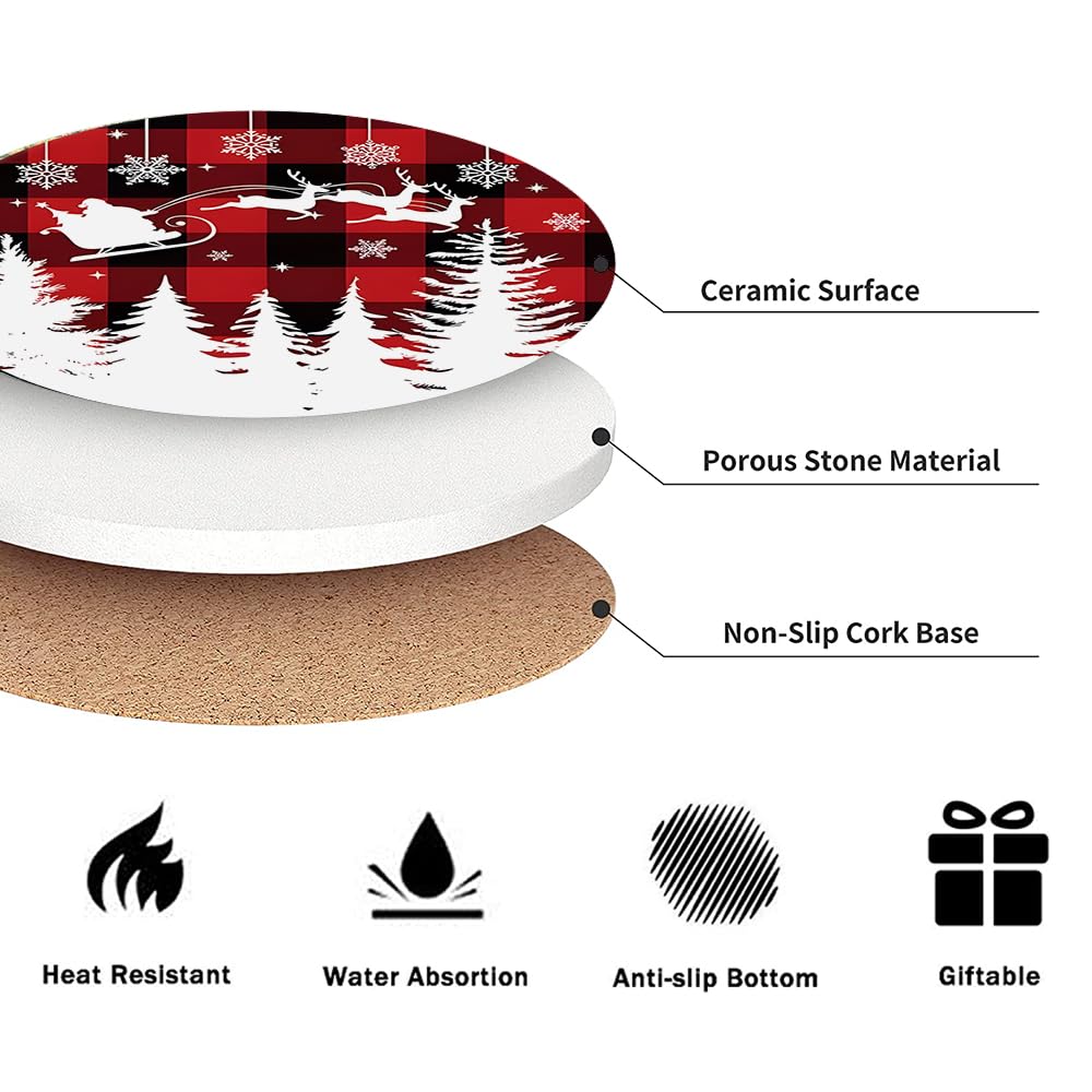 Christmas Absorbent Coasters with Holder Set of 6, Ceramic Stone with Cork Base, Red Buffalo Plaid Design Coaster for