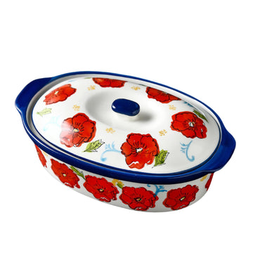 Floral Ceramic Casserole Dish with Lid - 40oz Oval Baking Dish, Oven-Safe Stoneware for Lasagna, Roasting, Serving