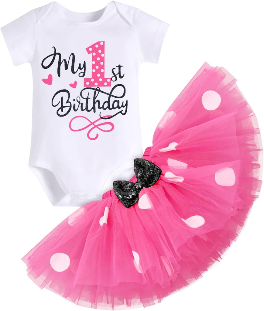 Baby Girls One 1st 2nd 3rd Birthday Outfit Polka Dots Romper Tutu Dress Headband Princess Skirt Set Photo Shoot